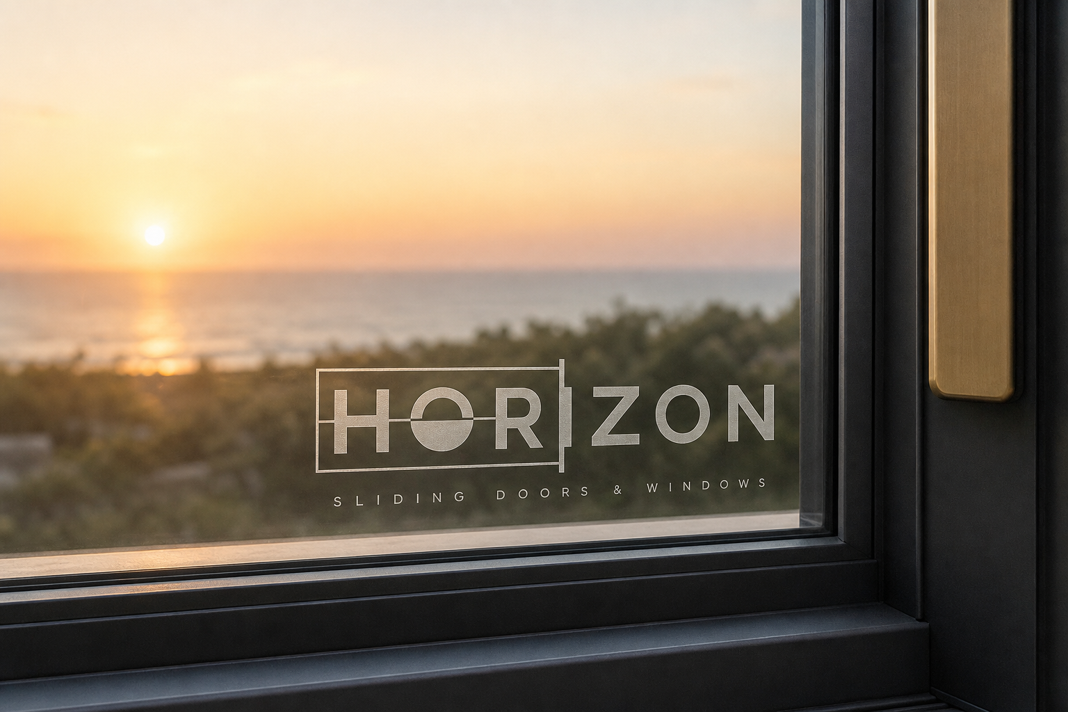 Horizon logo etched into a sliding glass door with a sunset over the ocean visible through it