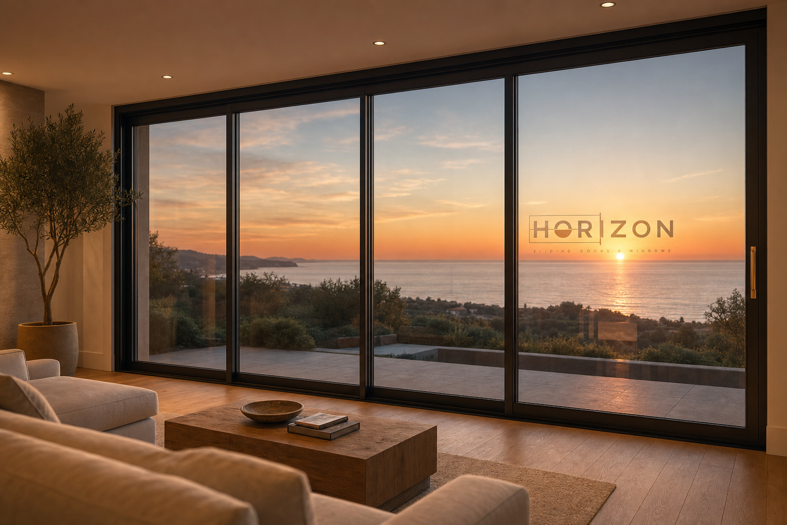Modern California living room with four-panel sliding glass door wall opening to a sunset over the ocean