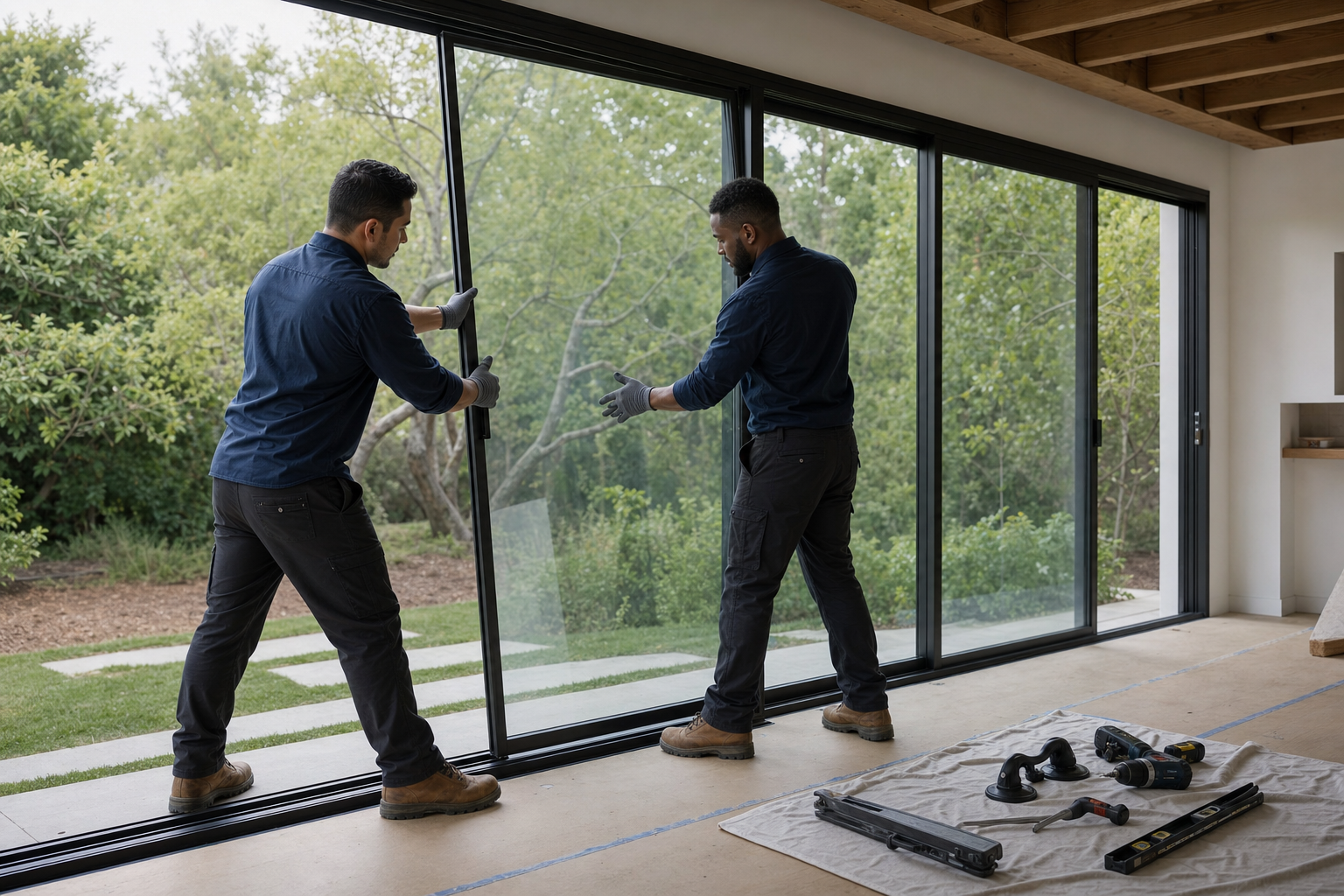 Two installation technicians lifting a large sliding glass door panel into a matte-black aluminum frame
