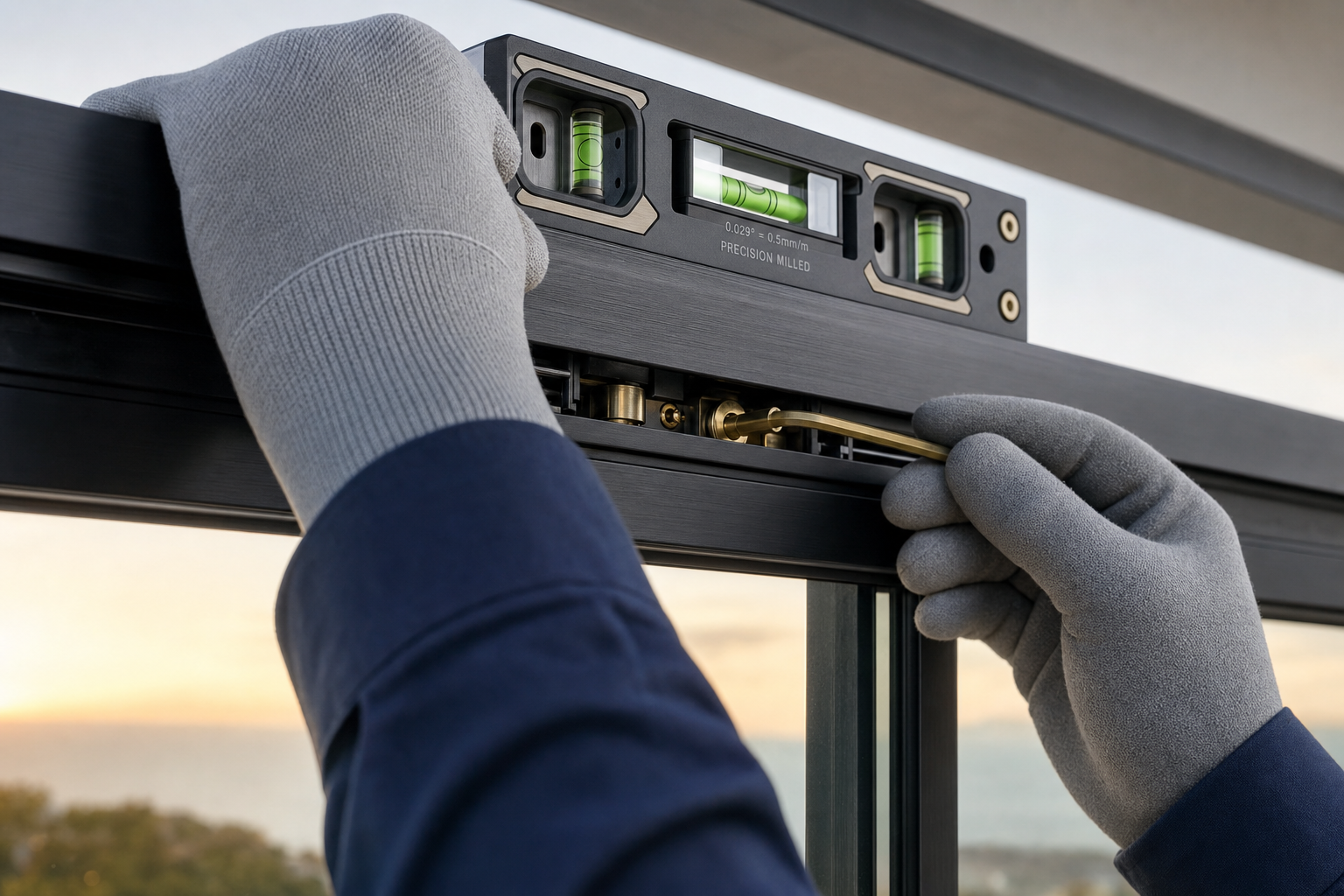 Close-up of installer's hand using a precision torpedo level on a sliding door track with brass tools