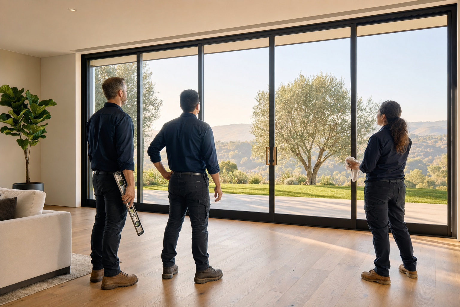 Three installers stepping back to inspect a completed sliding glass door wall installation