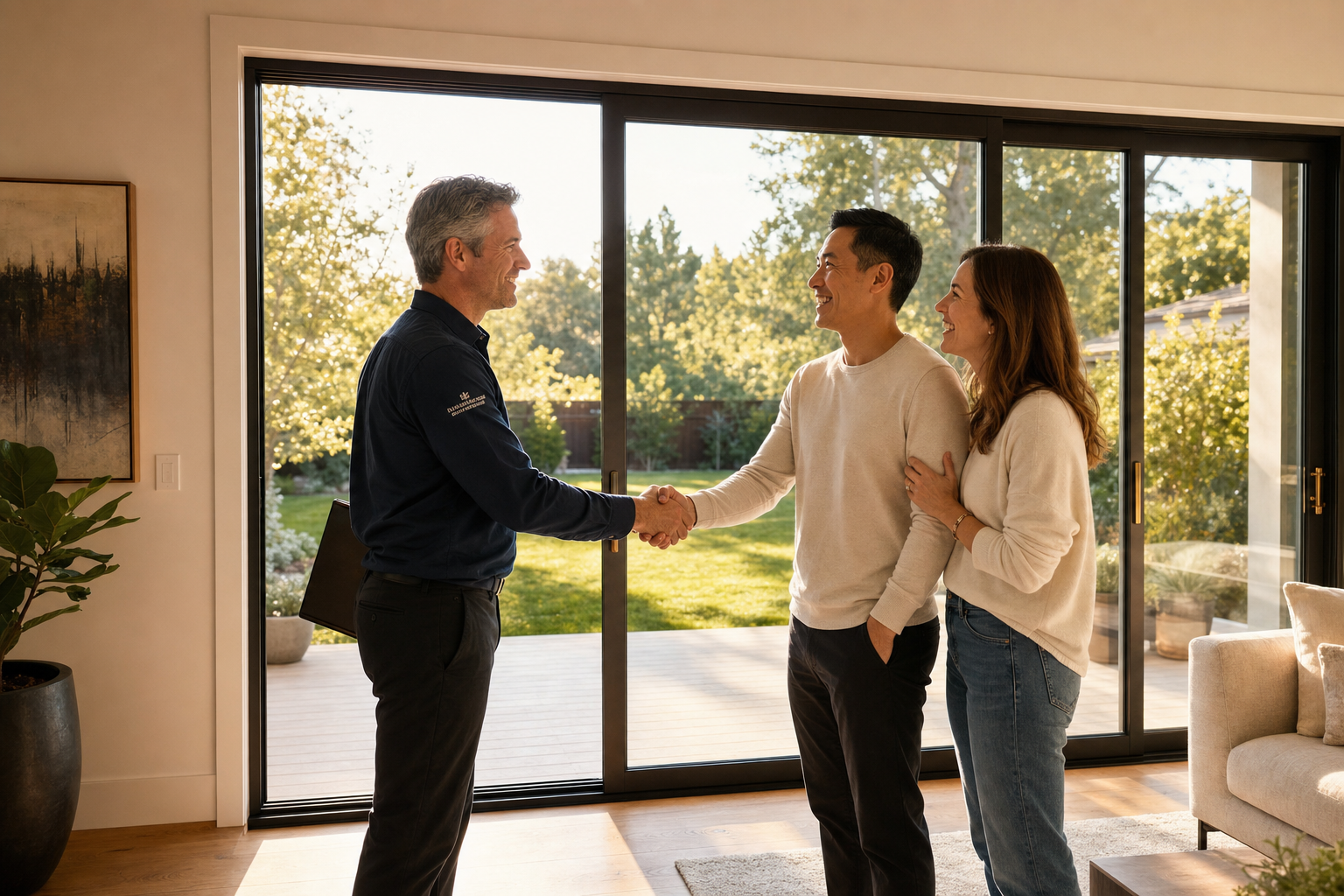 Installation lead shaking hands with happy homeowners in front of newly installed sliding glass doors