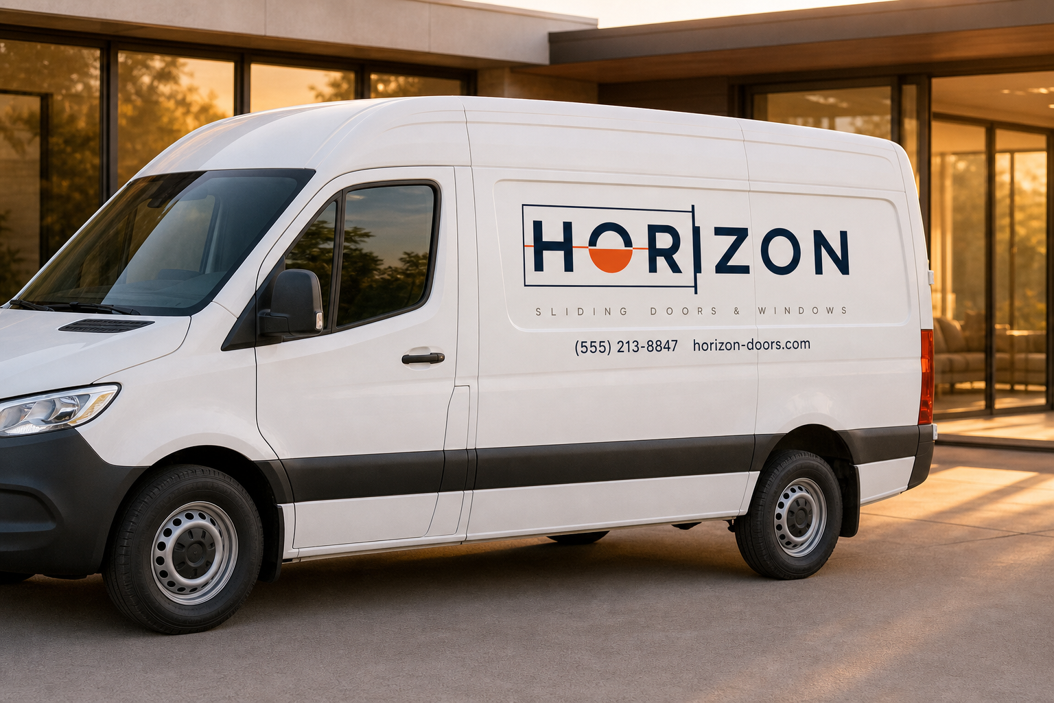 Horizon work van in front of a modern home